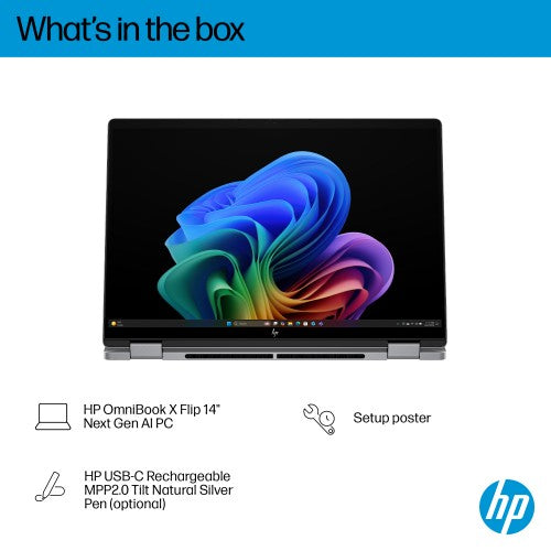 HP OmniBook X FlipNGAI 14-fk0008na Copilot+ PC AMD Ryzen AI 7 350 Hybrid (2-in-1) 35.6 cm (14") Touchscreen 2K 16 GB LPDDR5x-SDRAM 512 GB SSD Wi-Fi 6E (802.11ax) Windows 11 Home Silver