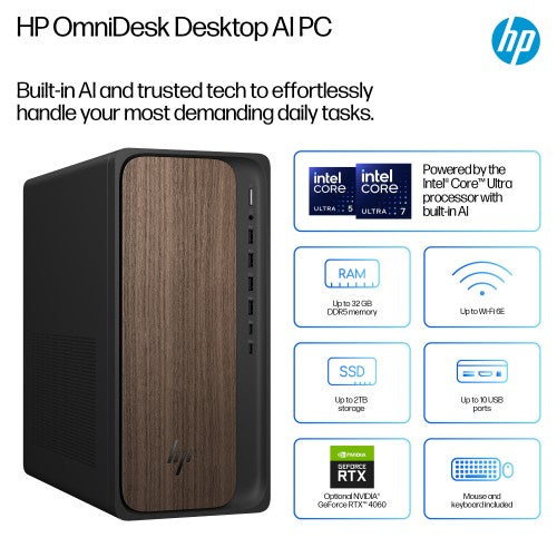 HP OmniDesk AI M03-0003na PC Intel Core Ultra 7 265 16 GB DDR5-SDRAM 1 TB SSD Windows 11 Home Tower AI PC Wood