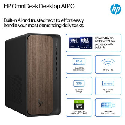 HP OmniDesk AI M03-0007na PC Intel Core Ultra 7 265 32 GB DDR5-SDRAM 2 TB SSD Windows 11 Home Tower AI PC Wood