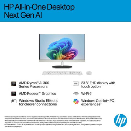 HP Next Gen AI 24-ct2001na Copilot+ PC AMD Ryzen AI 5 340 60.5 cm (23.8") 1920 x 1080 pixels All-in-One PC 16 GB DDR5-SDRAM 1 TB SSD Windows 11 Home Wi-Fi 6 (802.11ax) White
