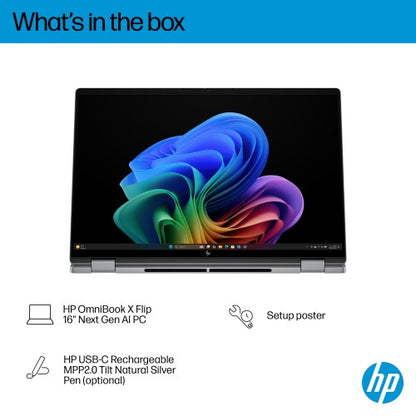 HP OmniBook X Flip Next Gen AI 16-ar0009na Copilot+ PC AMD Ryzen AI 5 340 Hybrid (2-in-1) 40.6 cm (16") Touchscreen 2K 16 GB LPDDR5x-SDRAM 1 TB SSD Wi-Fi 7 (802.11be) Windows 11 Home Silver