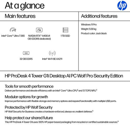 HP ProDesk 4 Tower G1i Wolf Pro Security Edition Intel Core Ultra 7 265 32 GB DDR5-SDRAM 1 TB SSD NVIDIA RTX A400 Windows 11 Pro PC AI PC Black
