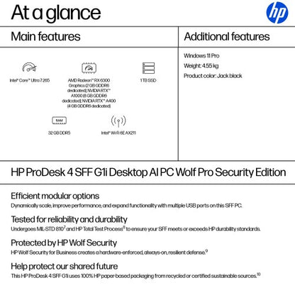 HP ProDesk 4 SFF G1i Desktop AI PC Wolf Pro Security Edition Intel Core Ultra 7 265 32 GB DDR5-SDRAM 1 TB SSD Windows 11 Pro Black