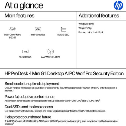 HP ProDesk 4 Mini G1i Wolf Pro Security Edition Intel Core Ultra 5 235T 16 GB DDR5-SDRAM 512 GB SSD Windows 11 Pro Mini PC AI PC Black