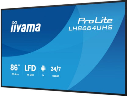 iiyama LH8664UHS-B3AG Signage Display Digital signage flat panel 2.17 m (85.6") Wi-Fi 450 cd/m² 4K Ultra HD Black Built-in processor Android 24/7