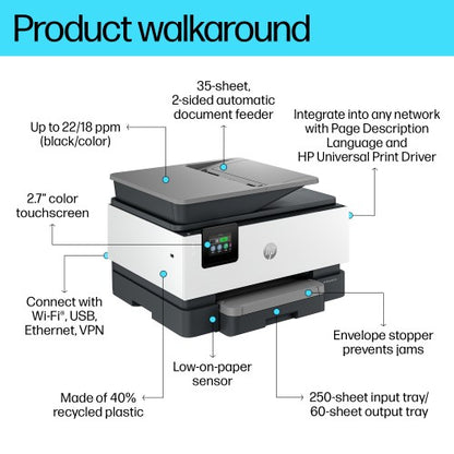 HP OfficeJet Pro 9120b Wireless All-in-One Color Printer, Two-sided printing; Copier, Scanner