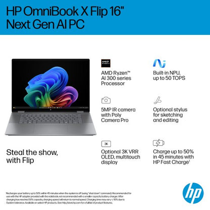 HP OmniBook X Flip Next Gen AI 16-ar0011na Copilot+ PC AMD Ryzen AI 7 350 Hybrid (2-in-1) 40.6 cm (16") Touchscreen 2K 32 GB LPDDR5x-SDRAM 1 TB SSD Wi-Fi 7 (802.11be) Windows 11 Home Silver