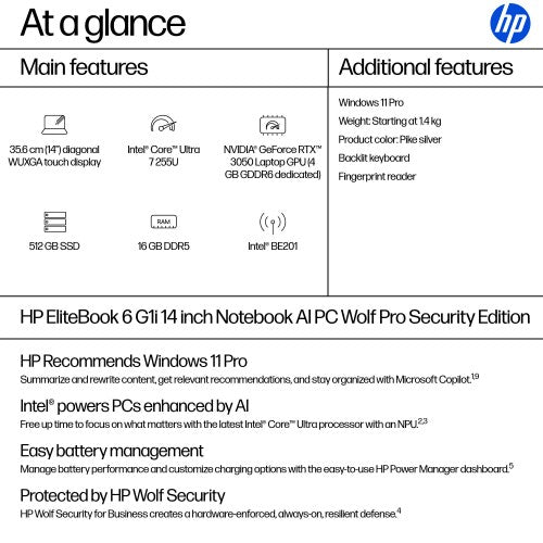 HP EliteBook 6 G1i AI Wolf Pro Security Edition Intel Core Ultra 7 255U Laptop 35.6 cm (14") Touchscreen WUXGA 16 GB DDR5-SDRAM 512 GB SSD Wi-Fi 7 (802.11be) Windows 11 Pro AI PC Silver