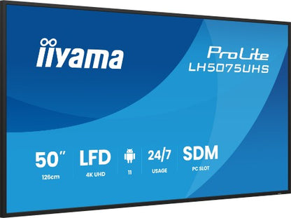 iiyama LH5075UHS-B2AG Signage Display Digital signage flat panel 125.7 cm (49.5") LCD Wi-Fi 500 cd/m² 4K Ultra HD Black Built-in processor Android 24/7