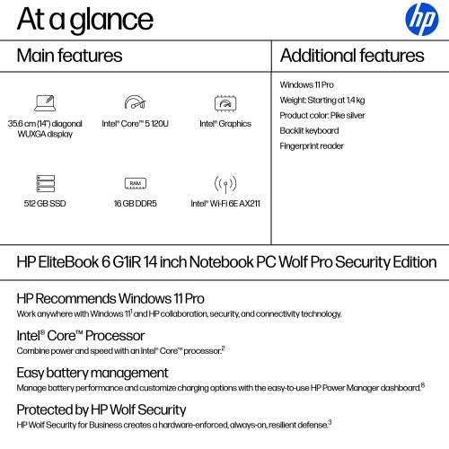 HP EliteBook 6 G1iR Wolf Pro Security Edition Intel Core 5 120U Laptop 35.6 cm (14") WUXGA 16 GB DDR5-SDRAM 512 GB SSD Wi-Fi 6E (802.11ax) Windows 11 Pro Silver