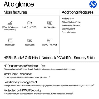 HP EliteBook 6 G1iR Wolf Pro Security Edition Intel Core 5 120U Laptop 35.6 cm (14") WUXGA 16 GB DDR5-SDRAM 512 GB SSD Wi-Fi 6E (802.11ax) Windows 11 Pro Silver