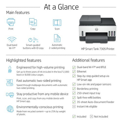 HP Smart Tank 7305 Wireless All-in-One Color Printer, Two-sided printing; Copier, Scanner