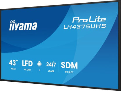 iiyama LH4375UHS-B2AG Signage Display Digital signage flat panel 108 cm (42.5") LCD Wi-Fi 500 cd/m² 4K Ultra HD Black Built-in processor Android 11 24/7