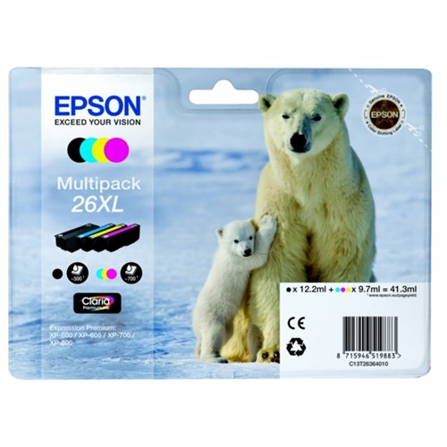 Epson C13T26364010/26XL Ink cartridge multi pack Bk,C,M,Y high-capacity XL 1x500,3x700, 12ml 3x10ml Pack=4 for Epson XP 600