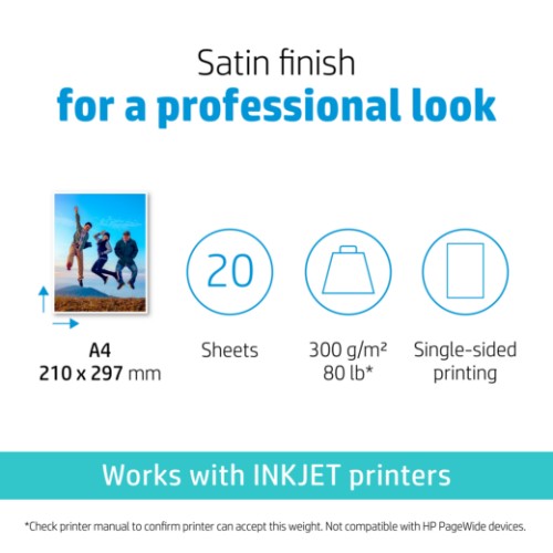 HP Premium Plus Photo Paper, Satin, 300 g/m2, A4 (210 x 297 mm), 20 sheets