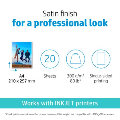 HP Premium Plus Photo Paper, Satin, 300 g/m2, A4 (210 x 297 mm), 20 sheets