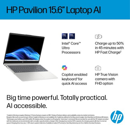 HP AI 15-fd2003na Intel Core Ultra 5 225U Laptop 39.6 cm (15.6") Full HD 16 GB DDR5-SDRAM 256 GB SSD Wi-Fi 6 (802.11ax) Windows 11 Home AI PC Silver
