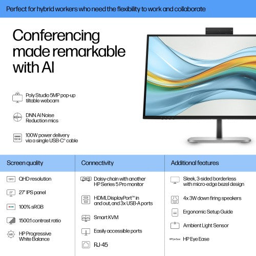HP Series 5 Pro 27 inch QHD USB-C Conferencing Monitor - 527pm PVC Free