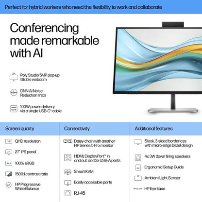 HP Series 5 Pro 27 inch QHD USB-C Conferencing Monitor - 527pm PVC Free