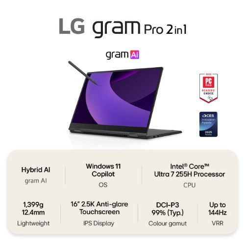 LG Gram Pro 2in1 16T90TP-G 16" Hybrid AI 2-in-1 Laptop - Intel® Core™ Ultra 7 255H, 1TB SSD, 16 GB RAM - Black - [2025]