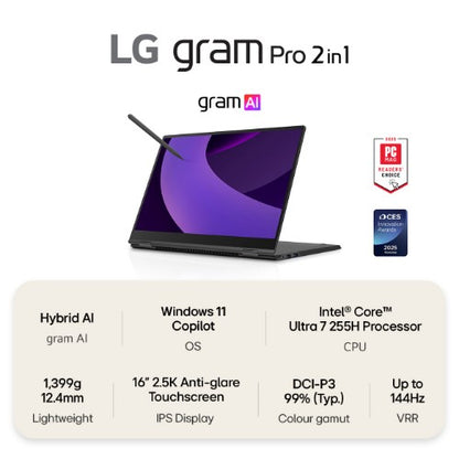 LG Gram Pro 2in1 16T90TP-G 16" Hybrid AI 2-in-1 Laptop - Intel® Core™ Ultra 7 255H, 1TB SSD, 16 GB RAM - Black - [2025]