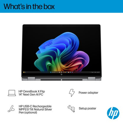 HP OmniBook X FlipNGAI 14-fm0009na Copilot+ PC Intel Core Ultra 7 258V Hybrid (2-in-1) 35.6 cm (14") Touchscreen 2K 32 GB LPDDR5x-SDRAM 1 TB SSD Wi-Fi 7 (802.11be) Windows 11 Home Silver