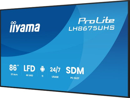 iiyama LH8675UHS-B2AG Signage Display Digital signage flat panel 2.17 m (85.6") LCD Wi-Fi 500 cd/m² 4K Ultra HD Black Built-in processor Android 11 24/7