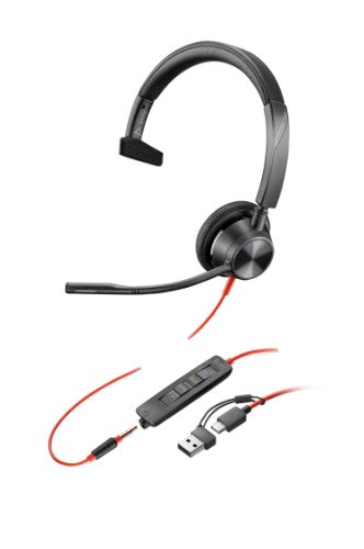 HP Poly Blackwire 3315 Monaural Microsoft Teams Certified USB-C Headset +3.5mm Plug +USB-C/A Adapter