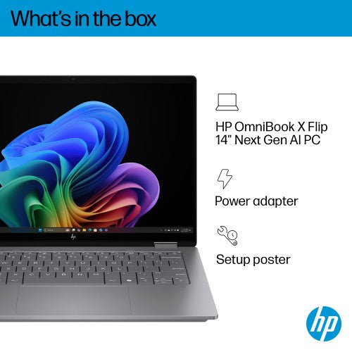 HP OmniBook X FlipNGAI 14-fm0008na Copilot+ PC Intel Core Ultra 7 256V Hybrid (2-in-1) 35.6 cm (14") Touchscreen 2K 16 GB LPDDR5x-SDRAM 1 TB SSD Wi-Fi 7 (802.11be) Windows 11 Home Silver