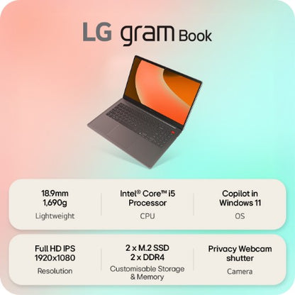 LG Gram Book 15.6" Copilot Laptop - Intel® Core™ i5 1334U, 512GB SSD, 16 GB RAM - Titan Silver