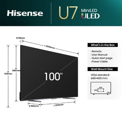 Hisense U7N 100U7NQTUK TV 2.54 m (100") 4K Ultra HD Smart TV Wi-Fi Black, Grey 500 cd/m²