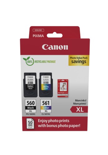 Canon 3712C008/PG-560XL+CL-561XL Printhead cartridge multi pack black + color +50 sheet Photopaper 14,3ml + 12,2ml Pack=2 for Canon Pixma TS 5350