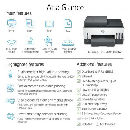 HP Smart Tank 7605 Wireless All-in-One Color Printer, Two-sided printing; Copier, Scanner