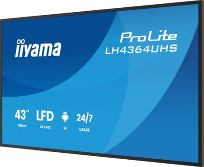 iiyama LH4364UHS-B1AG Signage Display Digital signage flat panel 109.2 cm (43") LED Wi-Fi 500 cd/m² 4K Ultra HD Black Built-in processor Android 24/7