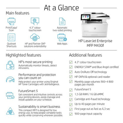 HP LaserJet Enterprise M430f Multifunction Black and white Printer, Ethernet Only; Copier, Scanner