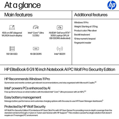 HP EliteBook 6 G1i 16 inch Notebook AI PC Wolf Pro Security Edition Intel Core Ultra 5 235U Laptop 40.6 cm (16") Touchscreen WUXGA 16 GB DDR5-SDRAM 512 GB SSD Wi-Fi 7 (802.11be) Windows 11 Pro Silver