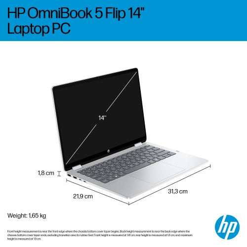HP OmniBook 5 Flip 14-fp0015na Intel® Core™ i5 i5-1334U Hybrid (2-in-1) 35.6 cm (14") Touchscreen 2K 8 GB LPDDR5-SDRAM 512 GB SSD Wi-Fi 6 (802.11ax) Windows 11 Home Silver