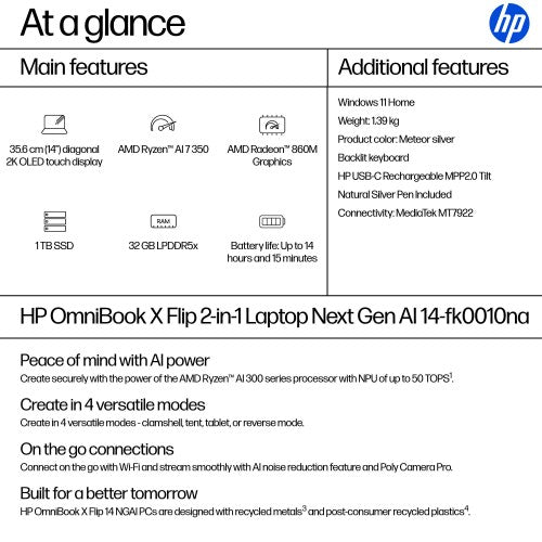 HP OmniBook X Flip Next Gen AI 14-fk0010na Copilot+ PC AMD Ryzen AI 7 350 Hybrid (2-in-1) 35.6 cm (14") Touchscreen 2K 32 GB LPDDR5x-SDRAM 1 TB SSD Wi-Fi 6E (802.11ax) Windows 11 Home Silver