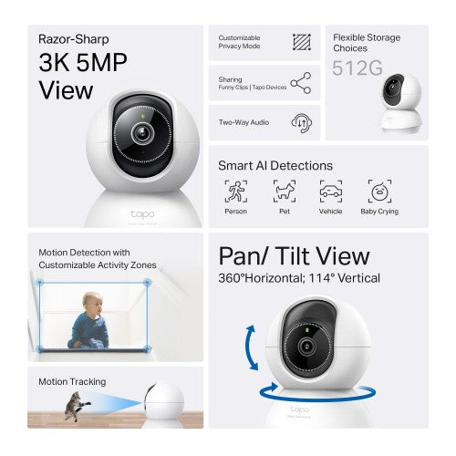 TP-Link Tapo Pan/Tilt AI Home Security Wi-Fi Camera SPEC: 3K 5MP (2880×1620), 2.4 GHz, Horizontal 360º