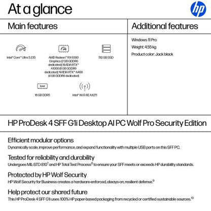 HP ProDesk 4 SFF G1i AI Wolf Pro Security Edition Intel Core Ultra 5 235 16 GB DDR5-SDRAM 512 GB SSD Windows 11 Pro PC AI PC Black