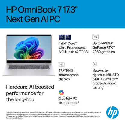 HP OmniBook 7 17-dc0003na Copilot+ PC Intel Core Ultra 7 256V Laptop 43.9 cm (17.3") Touchscreen Full HD 16 GB LPDDR5x-SDRAM 1 TB SSD Wi-Fi 7 (802.11be) Windows 11 Home Silver
