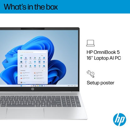 HP OmniBook 5 AI 16-af1000na Intel Core Ultra 7 255U Laptop 40.6 cm (16") 2K 16 GB LPDDR5x-SDRAM 1 TB SSD Wi-Fi 6 (802.11ax) Windows 11 Home AI PC Silver