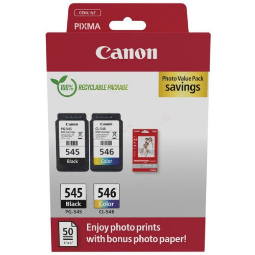 Canon 8287B008/PG-545+CL-546 Printhead cartridge multi pack black + color + Photopaper 50 sheet, 2x180 pages ISO/IEC 24711 8ml Pack=2 for Canon Pixma MG 2450