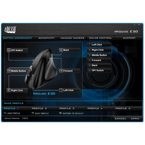 Adesso iMouse E30 - 2.4 GHz Wireless Vertical Programmable Mouse