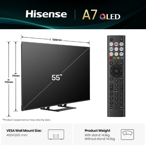 Hisense 55" A7QTUK QLED Smart AI TV with Freely