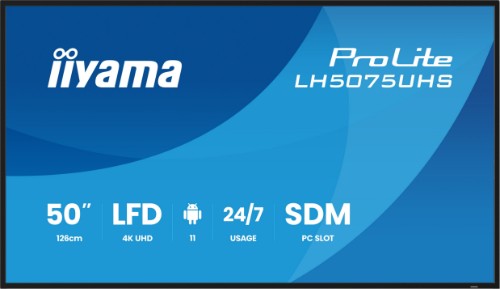 iiyama LH5075UHS-B2AG Signage Display Digital signage flat panel 125.7 cm (49.5") LCD Wi-Fi 500 cd/m² 4K Ultra HD Black Built-in processor Android 24/7