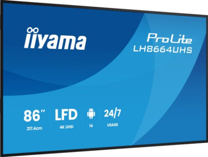 iiyama LH8664UHS-B3AG Signage Display Digital signage flat panel 2.17 m (85.6") Wi-Fi 450 cd/m² 4K Ultra HD Black Built-in processor Android 24/7