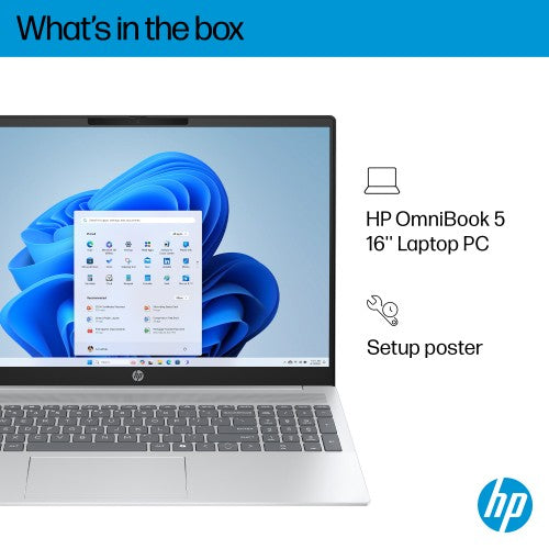 HP OmniBook 5 16-ba1003na Intel® Core™ i7 i7-1355U Laptop 40.6 cm (16") 2K 16 GB LPDDR5x-SDRAM 512 GB SSD Wi-Fi 6 (802.11ax) Windows 11 Home Silver