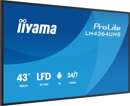iiyama LH4364UHS-B1AG Signage Display Digital signage flat panel 109.2 cm (43") LED Wi-Fi 500 cd/m² 4K Ultra HD Black Built-in processor Android 24/7