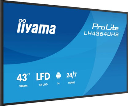 iiyama LH4364UHS-B1AG Signage Display Digital signage flat panel 109.2 cm (43") LED Wi-Fi 500 cd/m² 4K Ultra HD Black Built-in processor Android 24/7